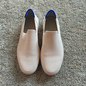 Rothys Slip-On Canvas Loafers in Light Pink with Blue Heel Trim - worn once